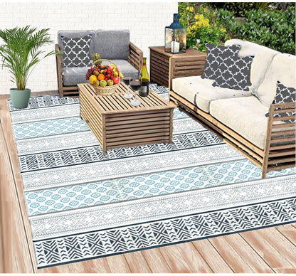 BalajeesUSA Outdoor Rug - 9x18 Grey, Teal, Reversible Recycled Plastic Straw Outdoor Patio Rugs Clearance Waterproof Large RV Camper Mats 7087