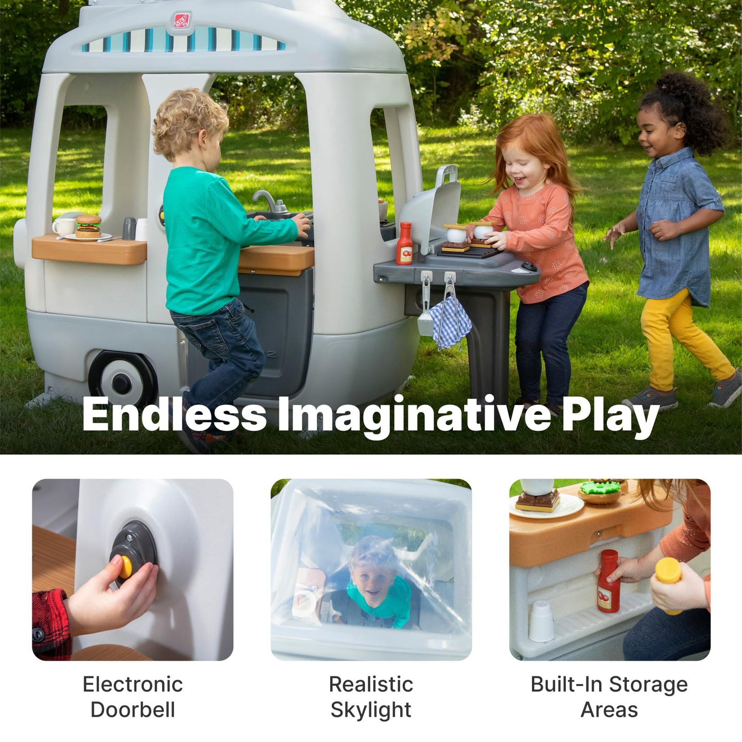 Step2 Adventure Camper Kids Playhouse, Indoor/Outdoor Playset with Kitchenette, Interactive Doorbell Sounds, 52-Piece Toy Accessories, Durable Plastic, For Toddlers 2+ Years