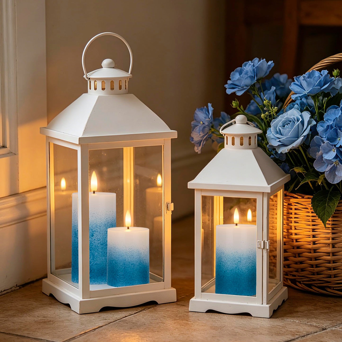 AFINETH Blue Gradient Flameless Pillar Candles, Real Wax LED Candles with Remote & Timer, Battery Operated Decorative Candles for Coastal Home Decor, Set of 3