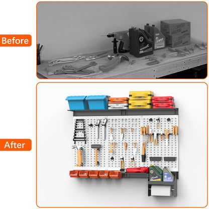 TORACK Pegboard Wall Organizer 4 ft. Garage Metal Pegboard Tool Organizer System, Tools Storage Peg Board Kit with Hooks and Accessories, Wall Mounted Storage Bins, Overhead Shelves