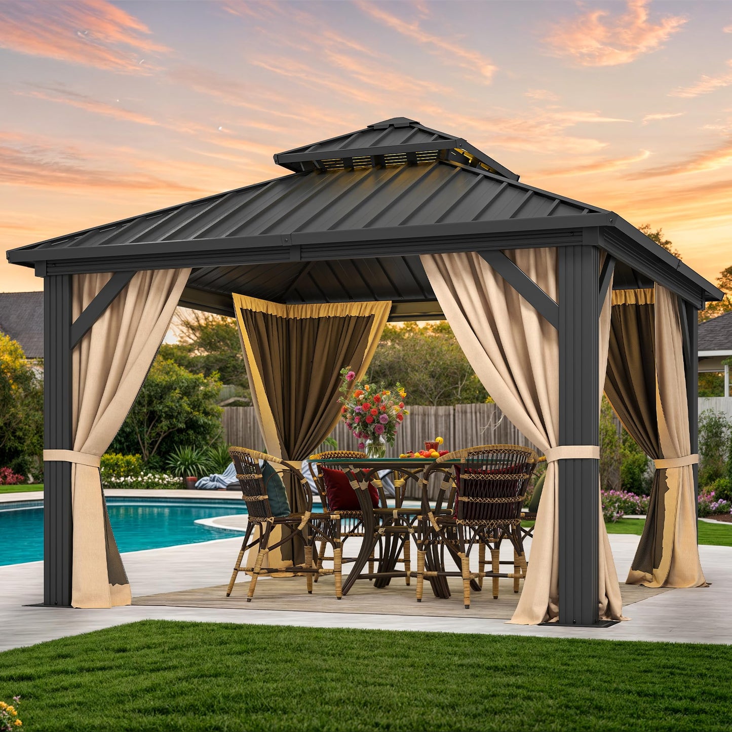 DWVO 10x10ft Hardtop Gazebo Double Roof with Nettings and Curtains, Heavy Duty Galvanized Steel Outdoor Vertical Stripes Roof for Patio, Backyard, Deck, Lawns, Brown