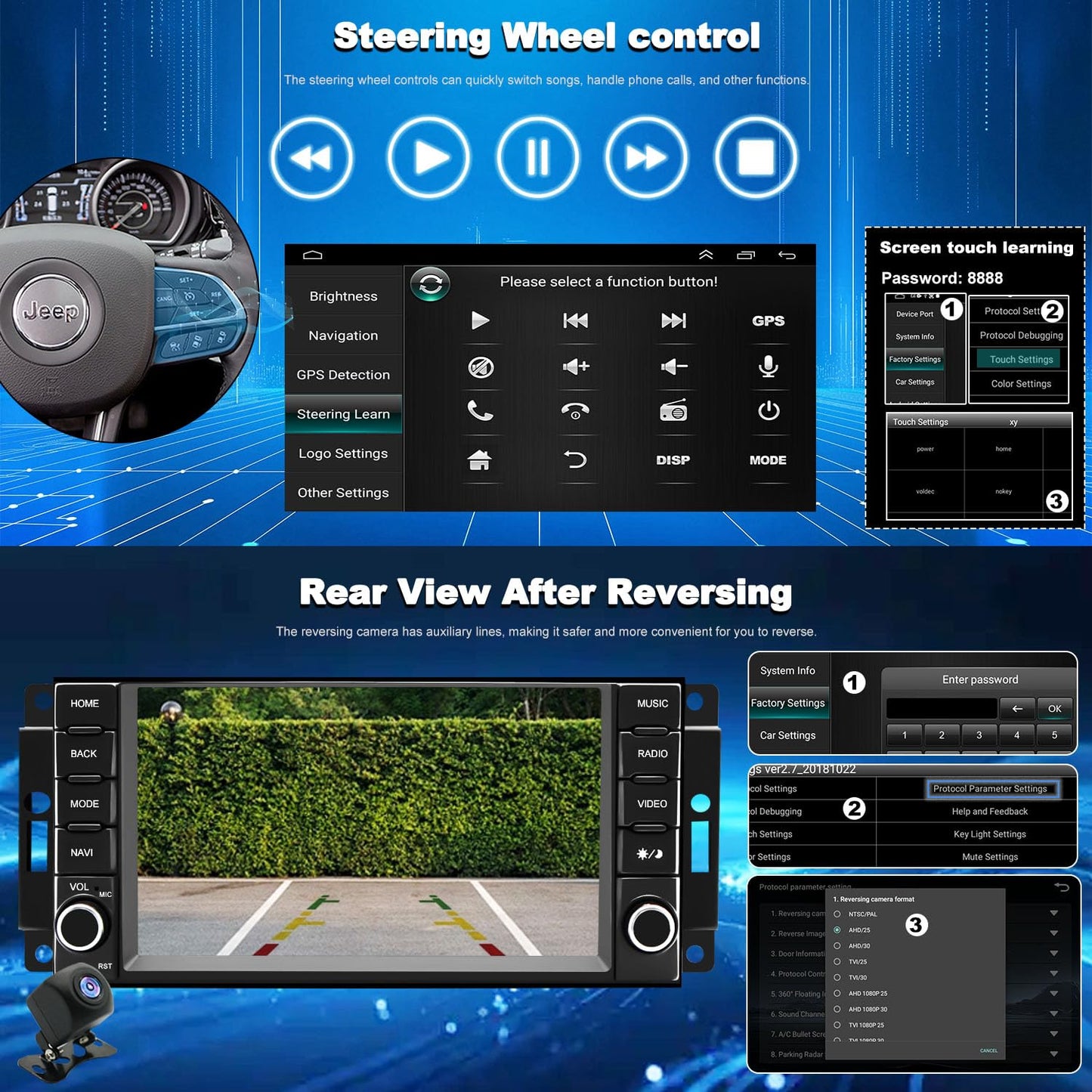 Car Radio for Jeep Wrangler JK 2007-2017, Dodge Ram 1500/2500/3500 2009-2012, Dodge Avenger 2008-2014, Jeep Compass Patriot 2009-2016, Touch Screen Stereo, Wireless CarPlay Bluetooth WiFi GPS FM SWC
