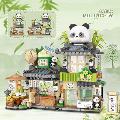 Street View Tea Shop Mini Building Blocks Set Cute Panda Animals Building Toys Girls 6-12 Simulation Architecture Construction Toy Birthday Gift for Kids Adults (860PCS)