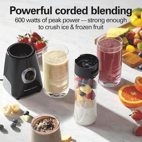 Hamilton Beach Go Sport Portable Blender - 20 Oz Travel Jar, 600W Motor & Stainless Steel Blades, Black