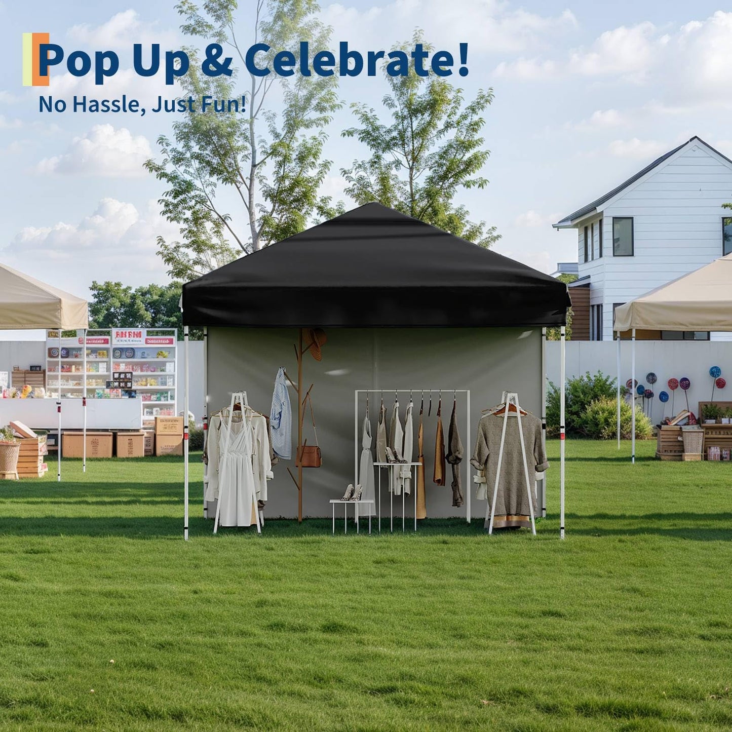 GarveeLife 10x10 Pop Up Canopy with One Sidewalls - Easy Up Camping Tent with One Button Push Setup - 1 Roller Bag, 3 Adjustable Height, 4 Weight Bags for Deck, Garden, Sports, Beach, Party - Black