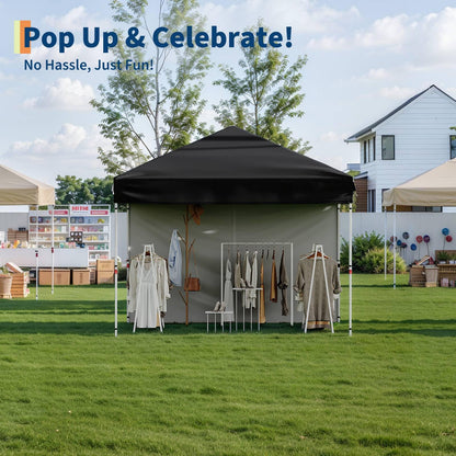 GarveeLife 10x10 Pop Up Canopy with One Sidewalls - Easy Up Camping Tent with One Button Push Setup - 1 Roller Bag, 3 Adjustable Height, 4 Weight Bags for Deck, Garden, Sports, Beach, Party - Black