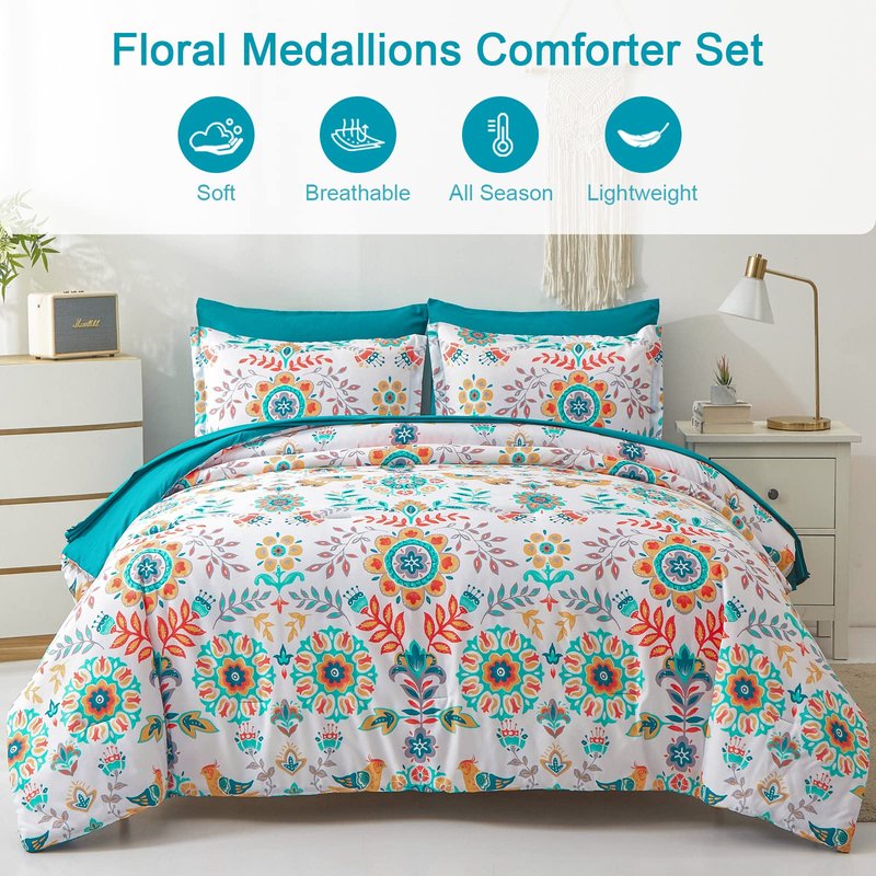 DHSFKBE Boho Comforter Set King - 7 Pieces Bed in a Bag Floral Medallions Design, Bohemian Comforter Set with Sheets, Soft Microfiber Complete Bedding Sets All Season (Teal Blue, King)