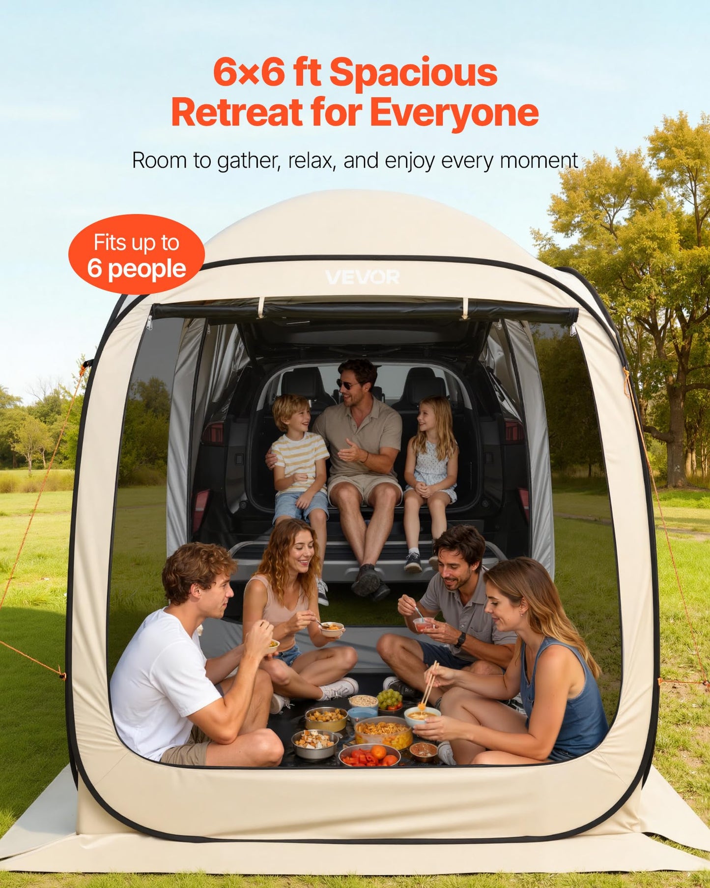 VEVOR SUV Tailgate Tent, 6 x 6 ft Pop-Up Screen House Canopy for 4–6 Person, Portable Screened Shelter with Carry Bag, for Car Camping, Backyard, Patio, Outdoor Activities
