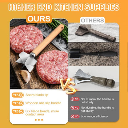 11 inch Stainless Steel Meat masher with 6 Blades, Metal Potato Masher, Ground Beef chopper tool, Suitable For Making Ground meat, Mashed potatoes, Jam and more（one pack)
