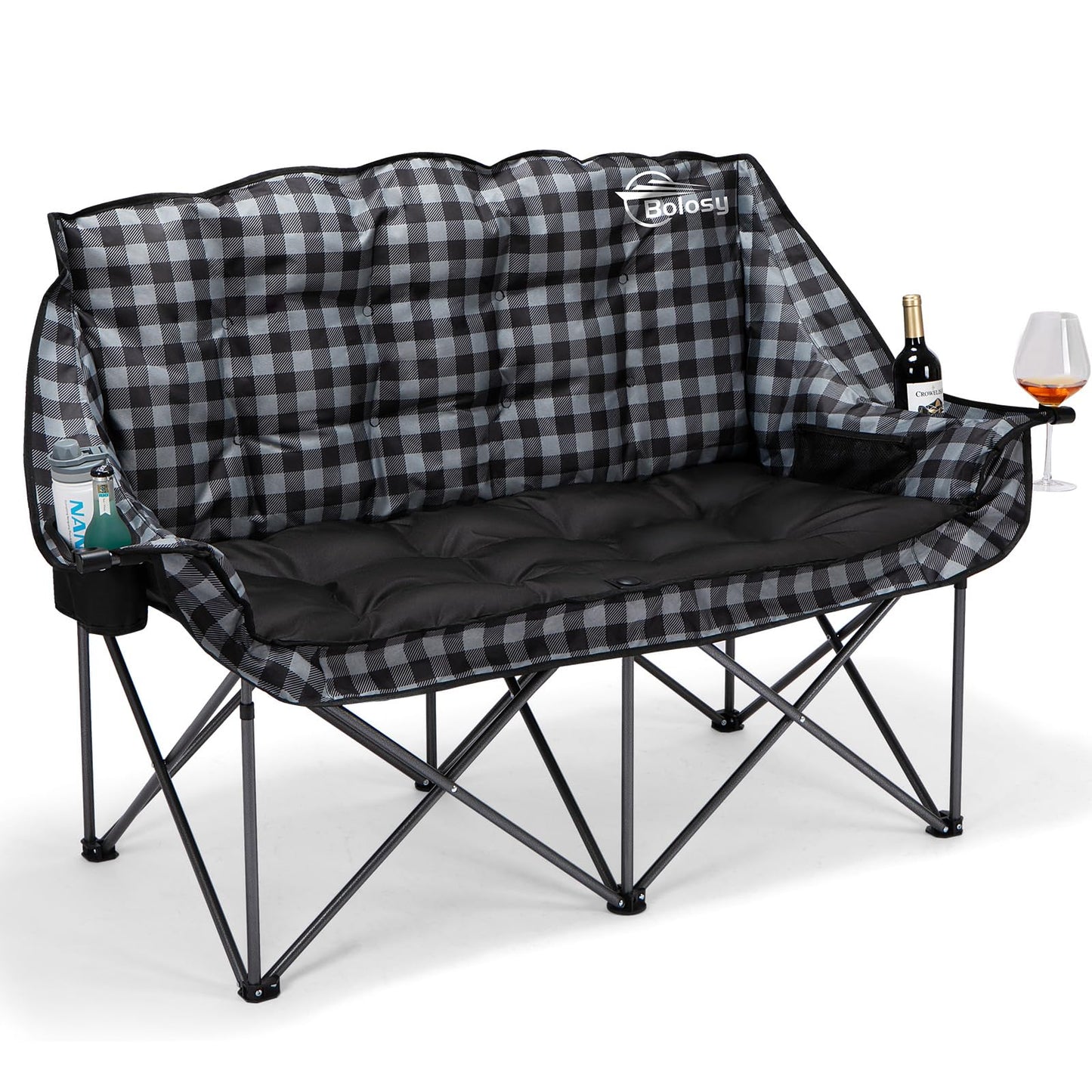 Bolosy Double Camping Chair Padded Loveseat Camping Couch Oversized 2 Person Camp Chairs for Adults Heavy Duty Two Person Folding Lawn Chair Camping Sofa with Cup Holders, Plaid