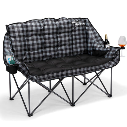 Bolosy Double Camping Chair Padded Loveseat Camping Couch Oversized 2 Person Camp Chairs for Adults Heavy Duty Two Person Folding Lawn Chair Camping Sofa with Cup Holders, Plaid