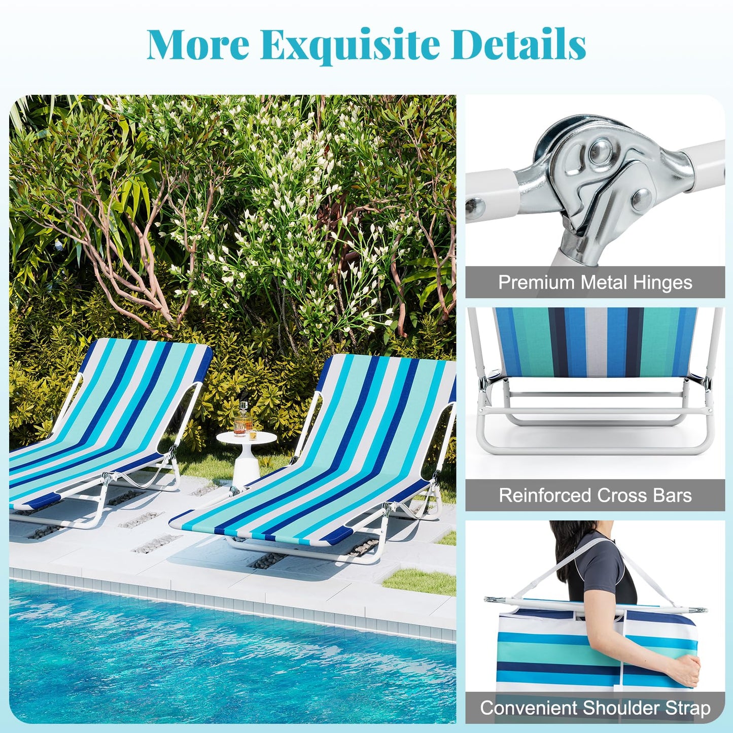 GYMAX Tanning Chair, 2Pcs Folding Beach Chairs with Adjustable Backrest, Footrest, 330lbs Capacity & Shoulder Strap, Portable Layout Sunbathing Loungers for Outside, Patio, Poolside