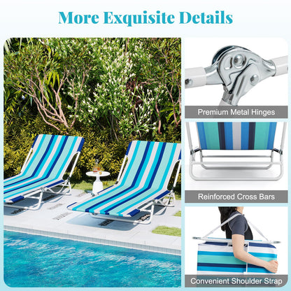 GYMAX Tanning Chair, 2Pcs Folding Beach Chairs with Adjustable Backrest, Footrest, 330lbs Capacity & Shoulder Strap, Portable Layout Sunbathing Loungers for Outside, Patio, Poolside