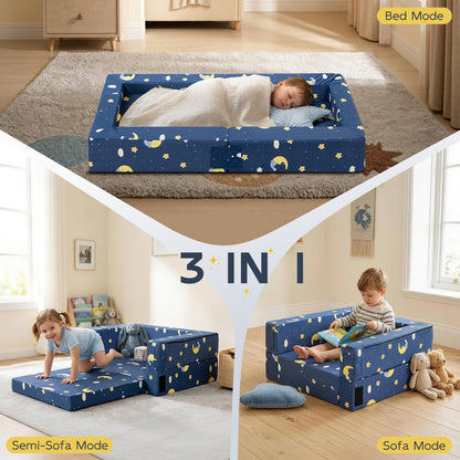 FRUITEAM Portable 3-in-1 Toddler Travel Bed, Soft Fabric & High-Density Foam, Easy-Clean Machine Washable Cover with Moon Star Cloud Print for Camping & Indoor/Outdoor Use - Blue