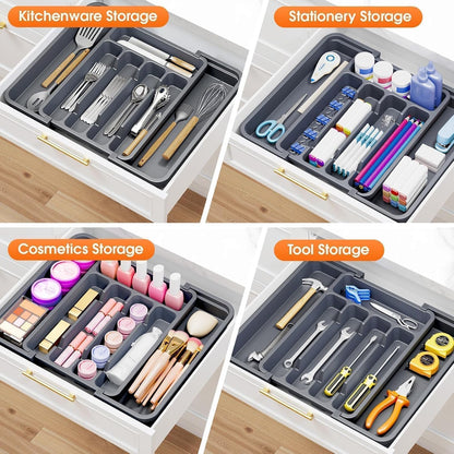 SpaceHacks Silverware Organizer - Adjustable & Expandable Utensil Holder | BPA-Free Cutlery Tray in Medium Grey