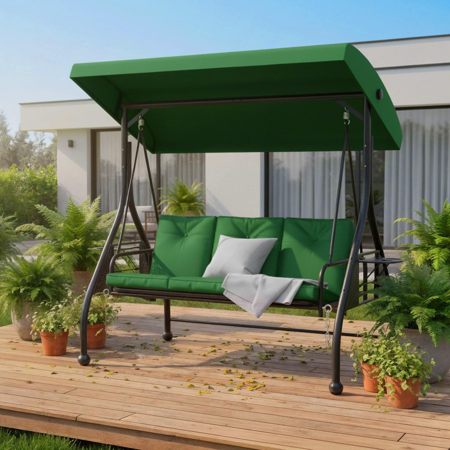 3-Seat Outdoor Porch Swing Glider with Stand, Convertible Patio Swings Bed with Foldable Side Tray & Thicker Cushion for Balcony Garden Deck Poolside - Green