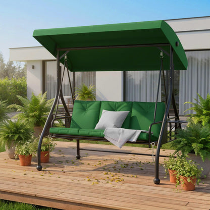 3-Seat Outdoor Porch Swing Glider with Stand, Convertible Patio Swings Bed with Foldable Side Tray & Thicker Cushion for Balcony Garden Deck Poolside - Green