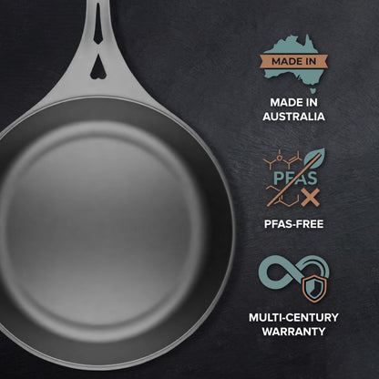 SOLIDTEKNICS 8" Outdoor Skillet Set – Naturally Seasoned Australian Iron Skillet with Lil Flippa Stainless Flipper & Mini Pan Scraper Lightweight Camping Cookware for Grill & Campfire Cooking