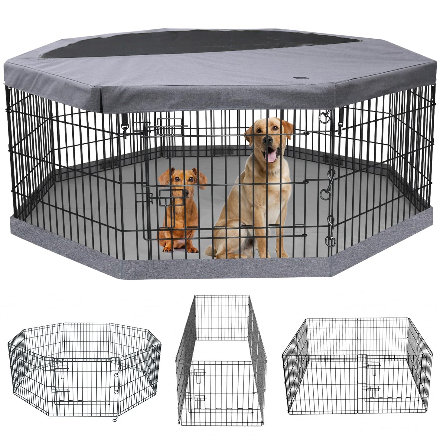 PETIME Foldable Metal Dog Exercise Pen/Pet Puppy Playpen Kennels Yard Fence Indoor/Outdoor 8 Panel 24" W with Top Cover and Bottom Pad (Playpen+Bottom+Top Cover, 8 Panels 24" H)