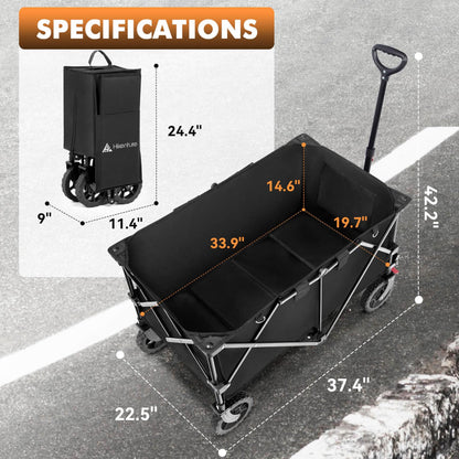 Hikenture Folding Wagon Cart, Portable Large Capacity Beach Wagon, Heavy Duty Utility Collapsible Wagon with All-Terrain Wheels, Outdoor Garden Cart Foldable Wagon for Sports, Shopping, Camping(Black)