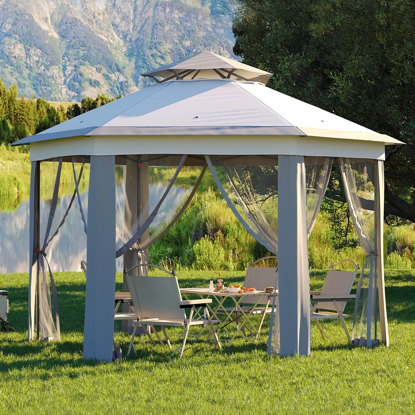 Garvee Pop Up Gazebo Screen Tent, Hexagonal Instant Gazebo Tents with Mosquito Netting Outdoor Canopy, 6 Sided Sun Shelter 13x13 ft with Mesh Netting, Pavilion Tent for Patio, Light Gray+Dark Gray