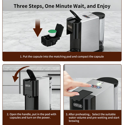 KOTLIE Espresso Coffee Machine,Single Serve Coffee Maker for K*CUP/NES* ORIGINAL/DOLC* GUS*O/ESE 44mm and GROUND COFFEE, 513HF （Black）