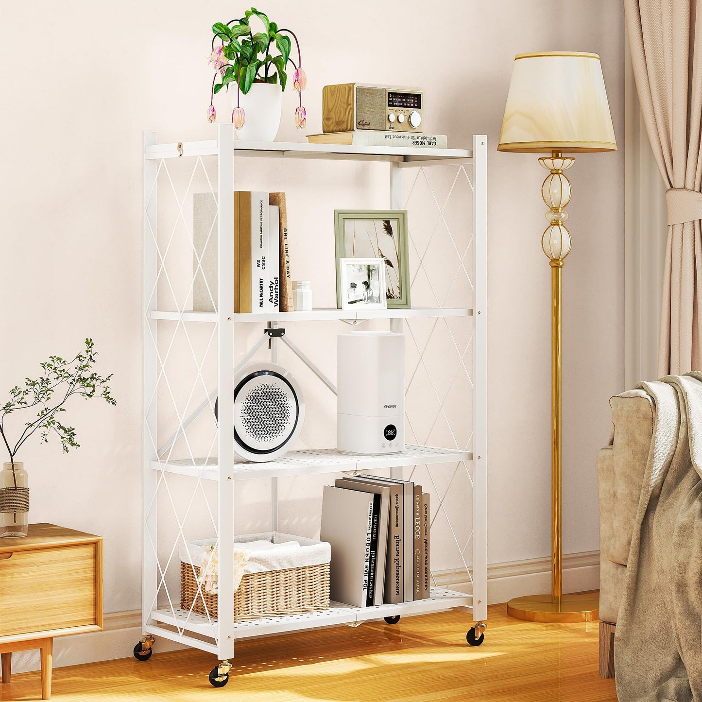 4 Tier Shelf Foldable Storage Shelf w/360° Movement Wheels, No Assemble Shelving Storage, Heavy Duty Folding Shelves, Garage Shelf Storage Organizer for Laundry, Kitchen, Utility Room(White, 4Tier)