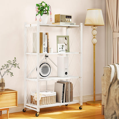4 Tier Shelf Foldable Storage Shelf w/360° Movement Wheels, No Assemble Shelving Storage, Heavy Duty Folding Shelves, Garage Shelf Storage Organizer for Laundry, Kitchen, Utility Room(White, 4Tier)