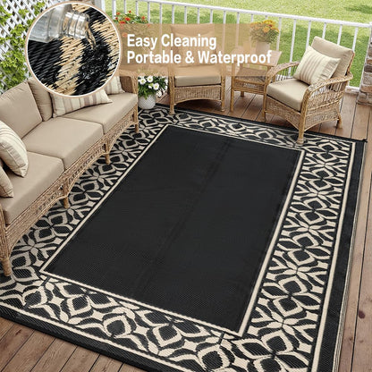 PureCozy Outdoor Plastic Straw Rug Black Beige Large Outside Waterproof Outdoor Patio 10x14 Carpet Geometric Reversible Mat Modern for Camping RV Porch Deck Balcony Beach