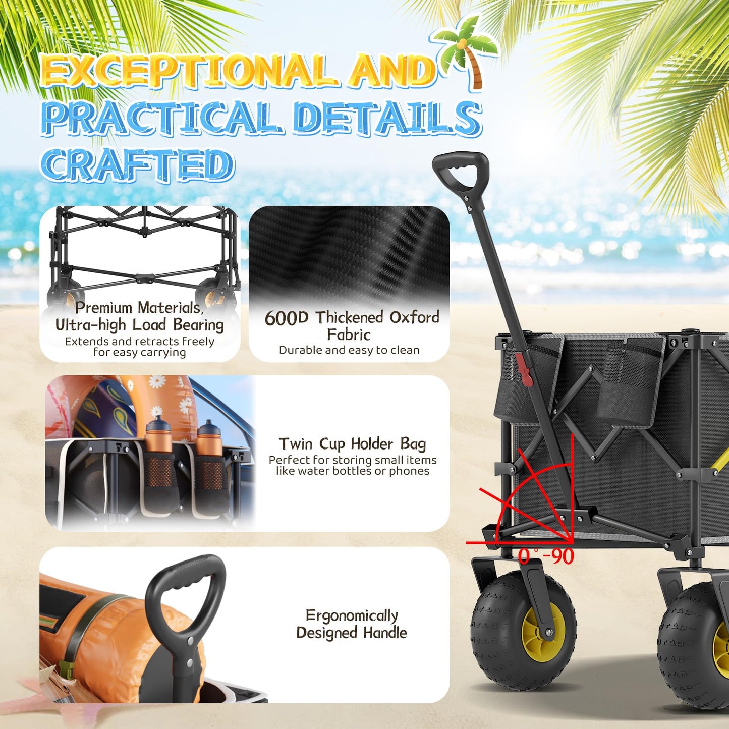 CAtArt Beach Wagon with Big Wheels for Sand, 400LBS Heavy Duty Foldable Wagons Carts, 9" All-Terrain PVC Inflatable Tires, Easy Storage for Beach, Grocery Shopping, Sports Camping (Black)