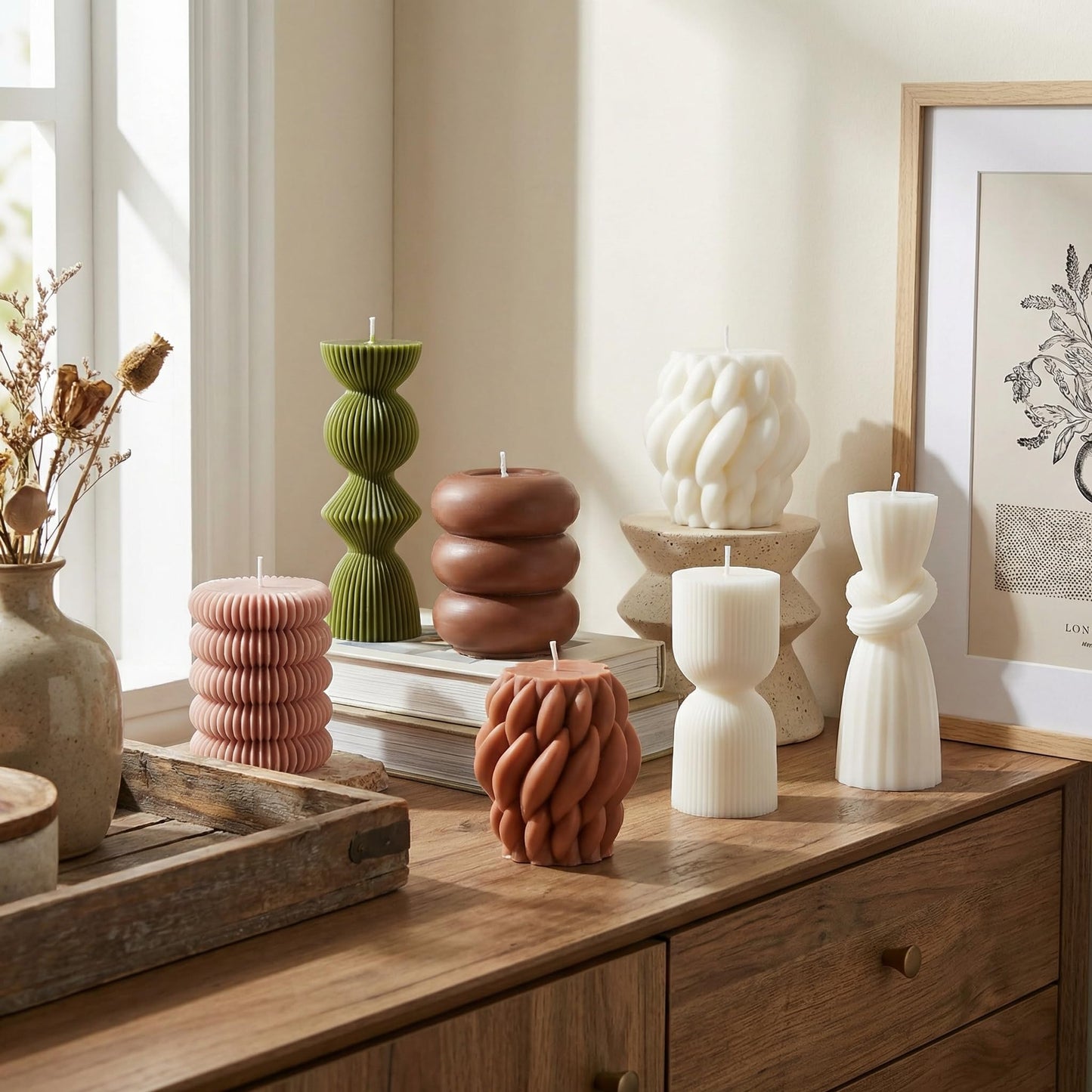 Conelist 9pcs Rustic Farmhouse Pillar Candles Set 3.1"-7.7" Handmade Neutral Soy Wax Ribbed Scented Aesthetic Swirl Candle for Dining Table Centerpiece Home Wedding Decor