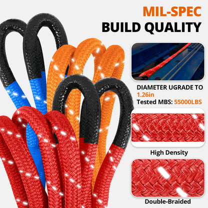 Kinetic Recovery Tow Rope - 1.26" x30FT 55000LBS Reflective Heavy Duty Snatch Strap Kit with Soft Shackles for Offroad Pulling Truck SUV UTV ATV Car Jeep - Red