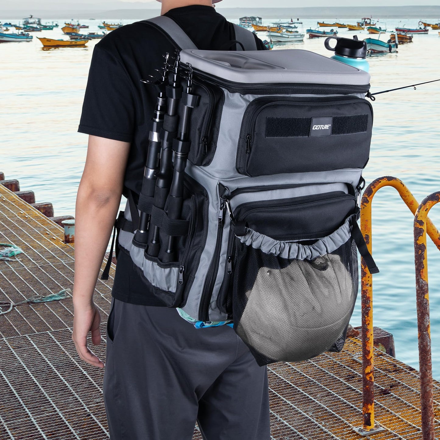 Goture Fishing Backpack with Cooler, 66L 600D Tackle Backpack with 3 Rod Holders, EVA Cover, Helmet Holder, Rain Cover, Saltwater Large Fishing Bag for Camping Hiking, Gear Storage Bag, Gifts for Men