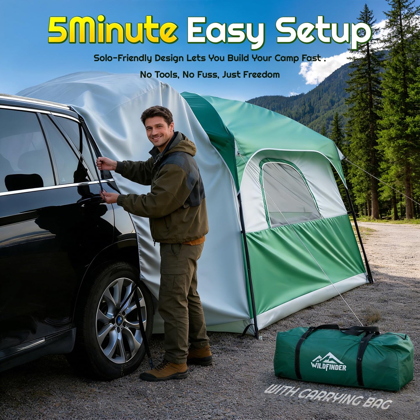 WildFinder SUV Tent for Camping, 10x9ft Large Car Tent with PU3000 Waterproof, Universal Tailgate Tent Compatible with SUV, CUV, Minivan, Easy Setup Standalone Sheller for Outdoor Travel