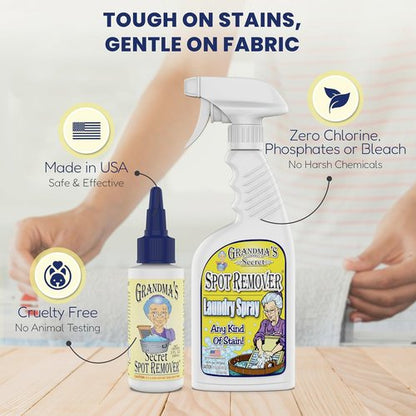 Grandma's Secret Spot Remover Laundry Spray - Toxin-Free Fabric Stain Remover for Oil, Paint, Blood & Pet Stains - 16 oz & 2 oz DuoPack