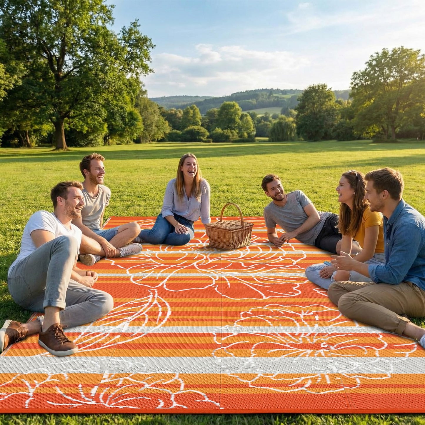 Garvee 10x14 Outdoor Waterproof Rug, Floral Outdoor Area Rug，Reversible Plastic Straw Patio Rug, Portable Camping Mat for RV, Picnic, Beach, Balcony, Garden & Camping Orange