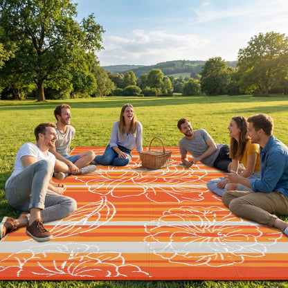 Garvee 10x14 Outdoor Waterproof Rug, Floral Outdoor Area Rug，Reversible Plastic Straw Patio Rug, Portable Camping Mat for RV, Picnic, Beach, Balcony, Garden & Camping Orange