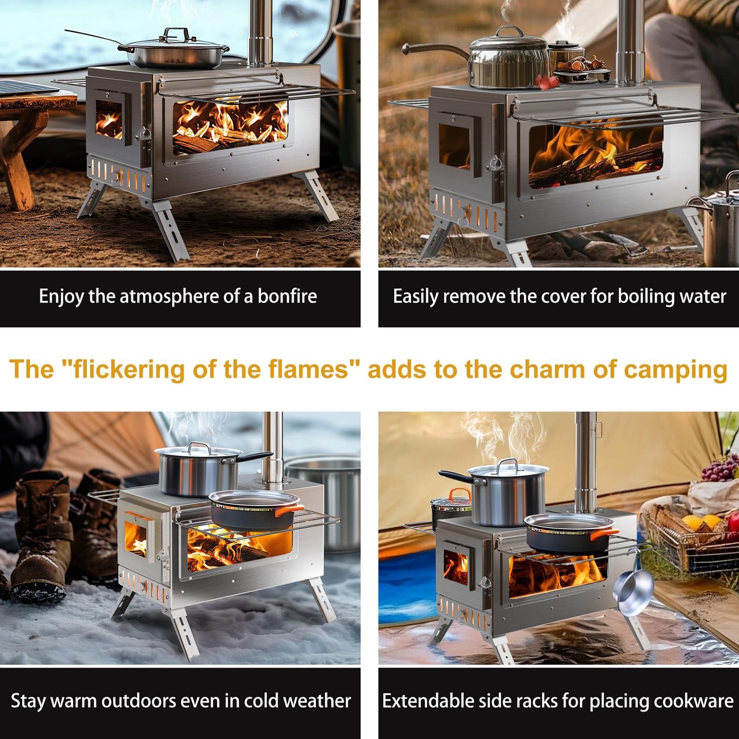 Hot Tent Stove, unho Wood Burning Stove, Portable Wood Stove with 6 Stainless Chimney Pipes for Outdoor Heating & Cooking, Ice Fishing, Hunting,Winter Warmth
