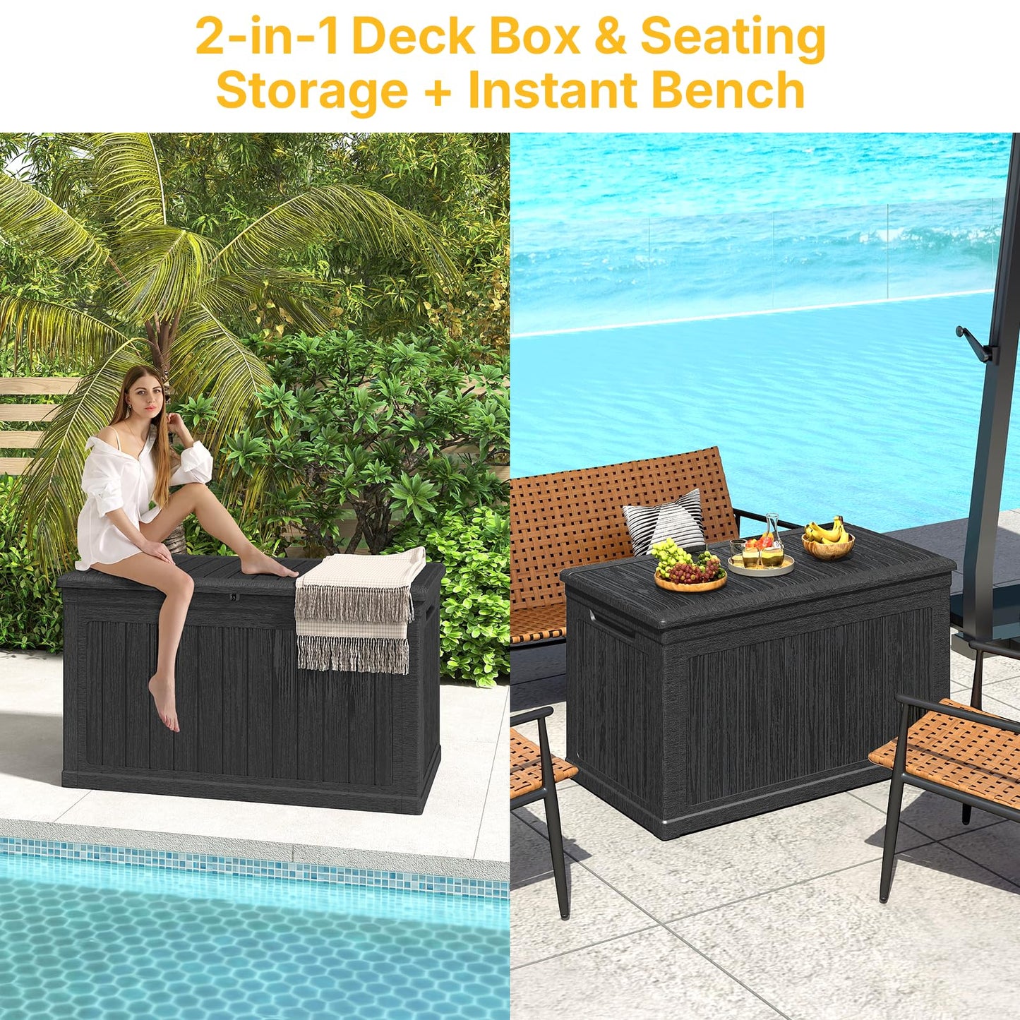 Skepphlay 230 Gallon Deck Box Large Outdoor Storage Box, Black Waterproof Deck Storage Bench, 440 lbs Load Capacity Outdoor Storage Bin for Garden, Patio, Pool, Boat