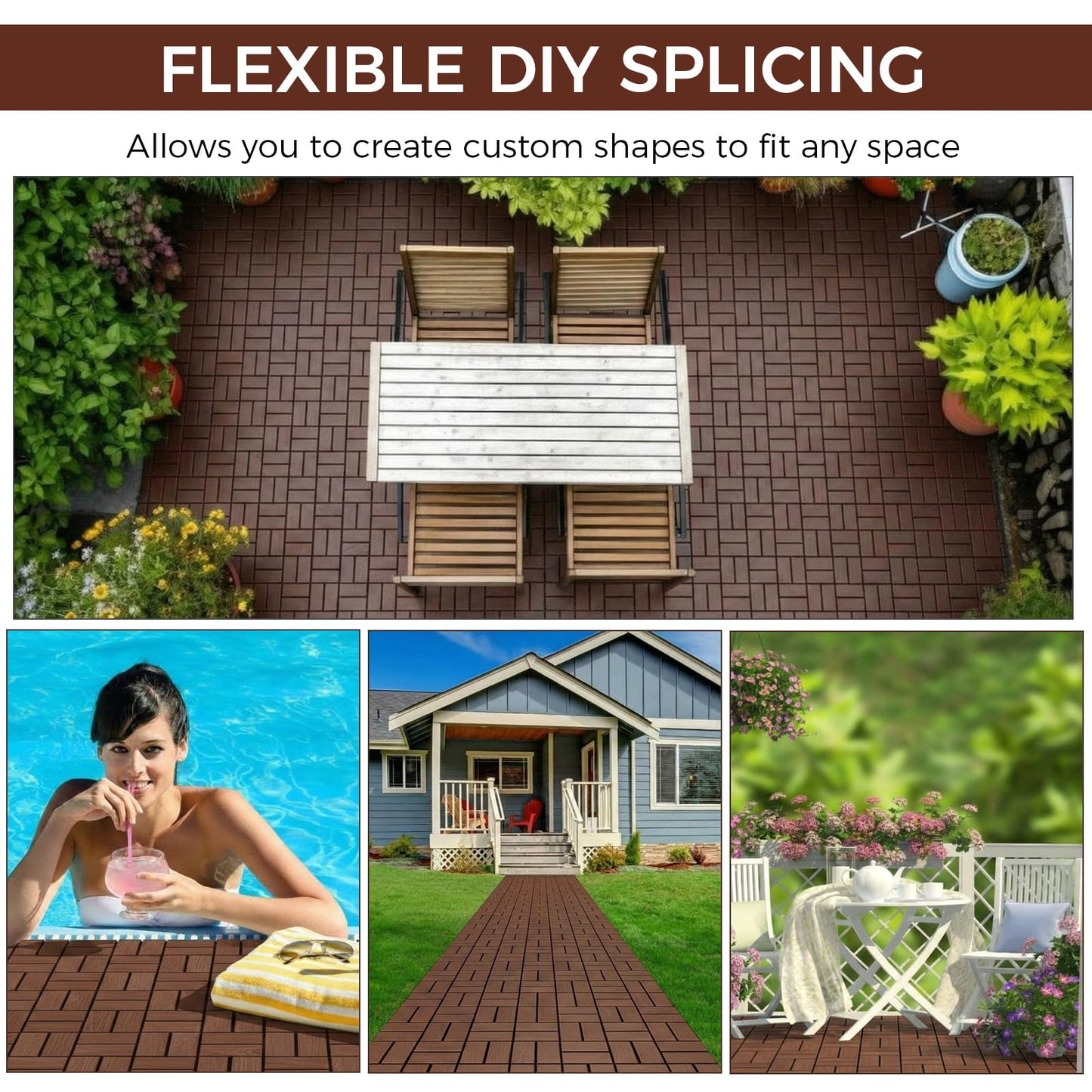 BreezeHug 44 Pack Interlocking Deck Tiles 12"x12"x0.8" Plastic Waterproof Floor Tiles, Outdoor Interlocking Flooring Panels for Patio Garden Poolside Balcony Porch(Brown)