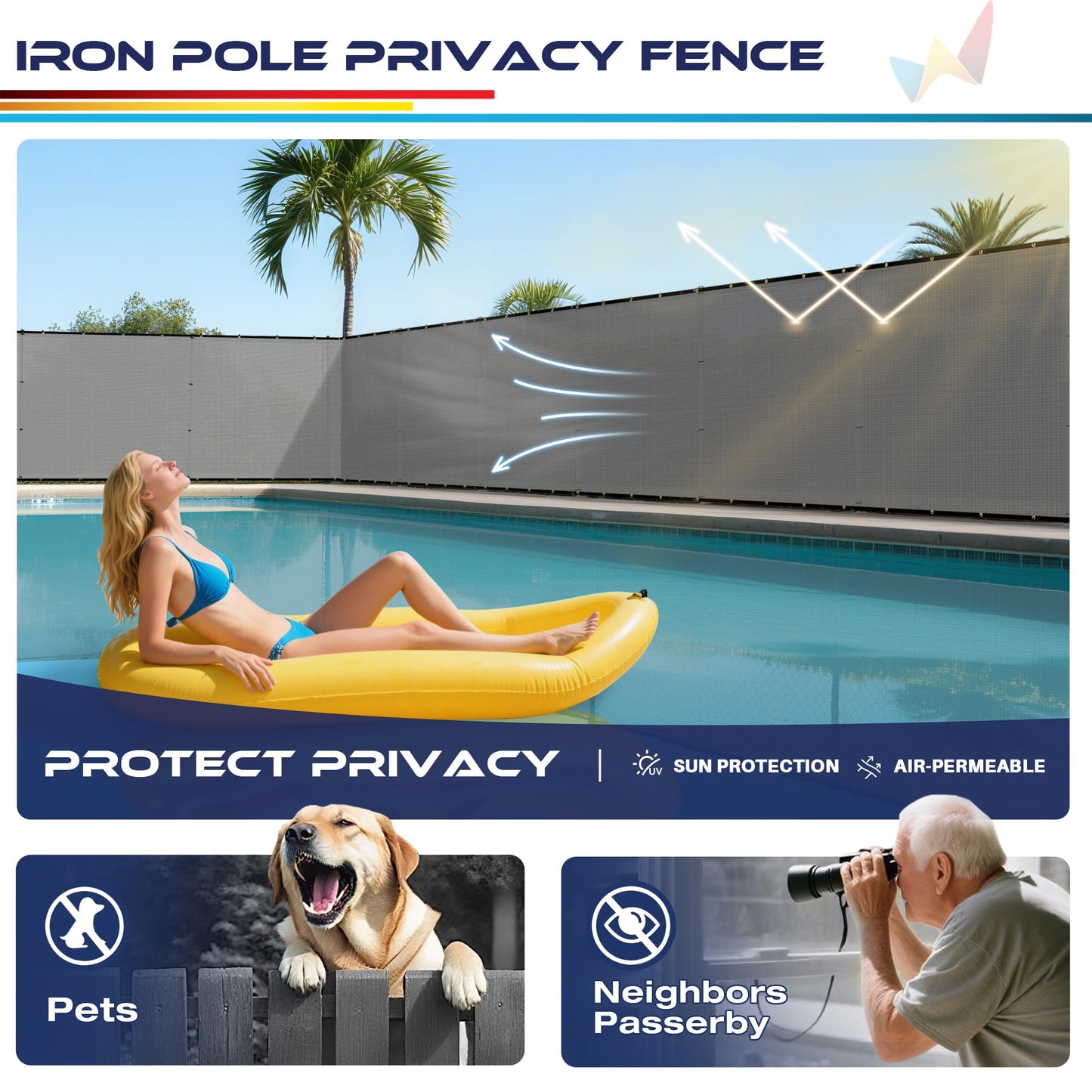 Windscreen4less Outdoor Privacy Fence Screen, 5'x24' Freestanding Privacy Fencing Set with Iron Poles and Ground Spikes, UV Resistant Mesh Cover Garden Pet Fencing for Backyard Patio Pool, Light Gray