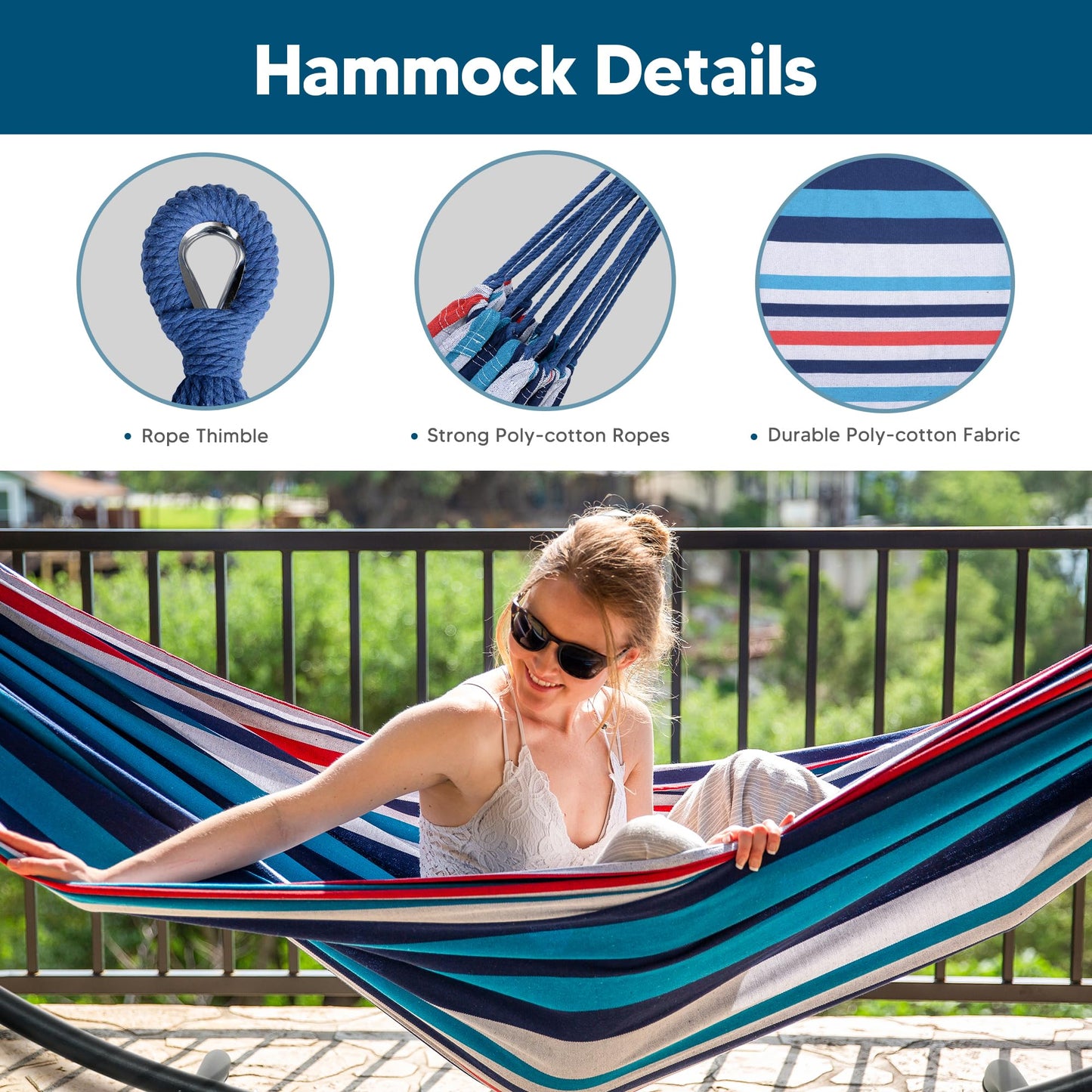 SUNCREAT Hammocks for Outside with Stand, Porch Hammock and Stand, 475 lbs Capacity, Blue & Red Stripes