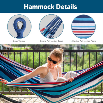SUNCREAT Hammocks for Outside with Stand, Porch Hammock and Stand, 475 lbs Capacity, Blue & Red Stripes