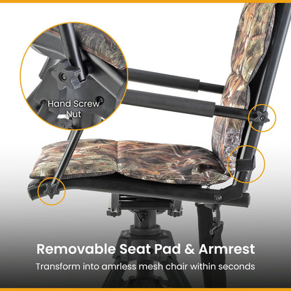 ARROWHEAD OUTDOOR Wide Folding 360° Hunting Swivel Blind Chair with Removable Camouflage Seat Pad, Armrest, No-Sink Feet, Shoulder Strap, Mesh Chair, Adjustable Height