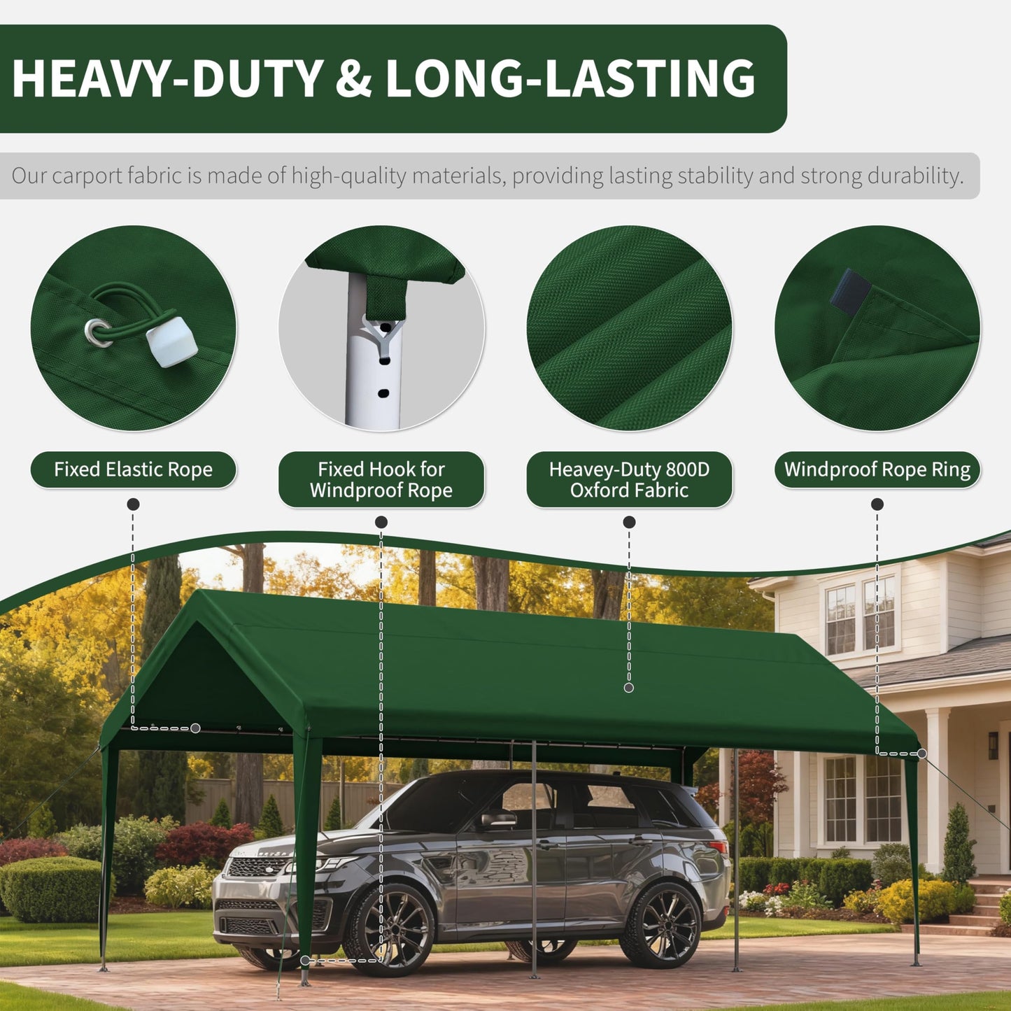 Pakunoda Carport Replacement Canopy Cover 10'x20' for Tent Top Garage Shelter Cover, 800D Heavy Duty Oxford Waterproof & UV Protected Car Canopy Tarp with Ball Bungees (Frame is not Included)