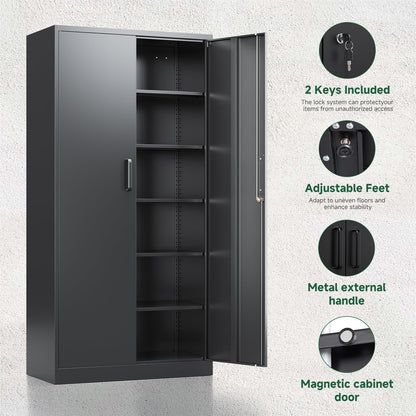 Letaya Metal Storage Cabinets with Lock Doors,Tall Locker Organizer Steel Garage Cabinets, 5 Adjustable Layers Shelves for Home, Office, Warehouse,Tool,Industrial(Black)