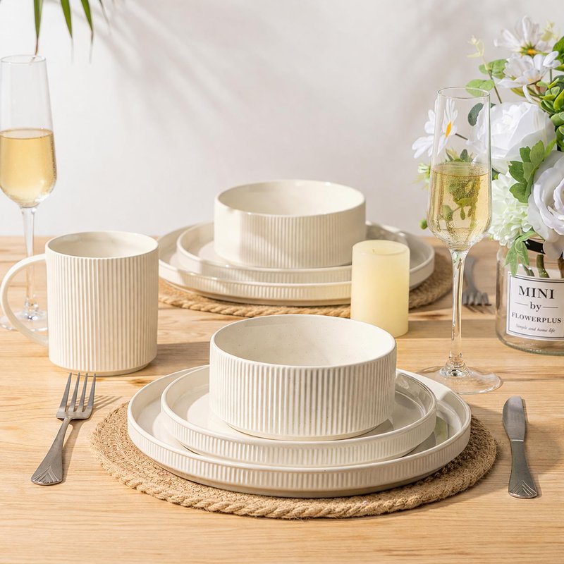 GBHOME Stoneware Dinnerware Sets for 6, 18 Pieces Ceramic Ribbed Plates and Bowls Set, Reactive Glaze Stackable Plate Sets, Scratch Resistant Dishes, Microwave & Dishwasher Safe