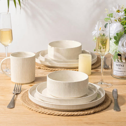 GBHOME Stoneware Dinnerware Sets for 6, 18 Pieces Ceramic Ribbed Plates and Bowls Set, Reactive Glaze Stackable Plate Sets, Scratch Resistant Dishes, Microwave & Dishwasher Safe