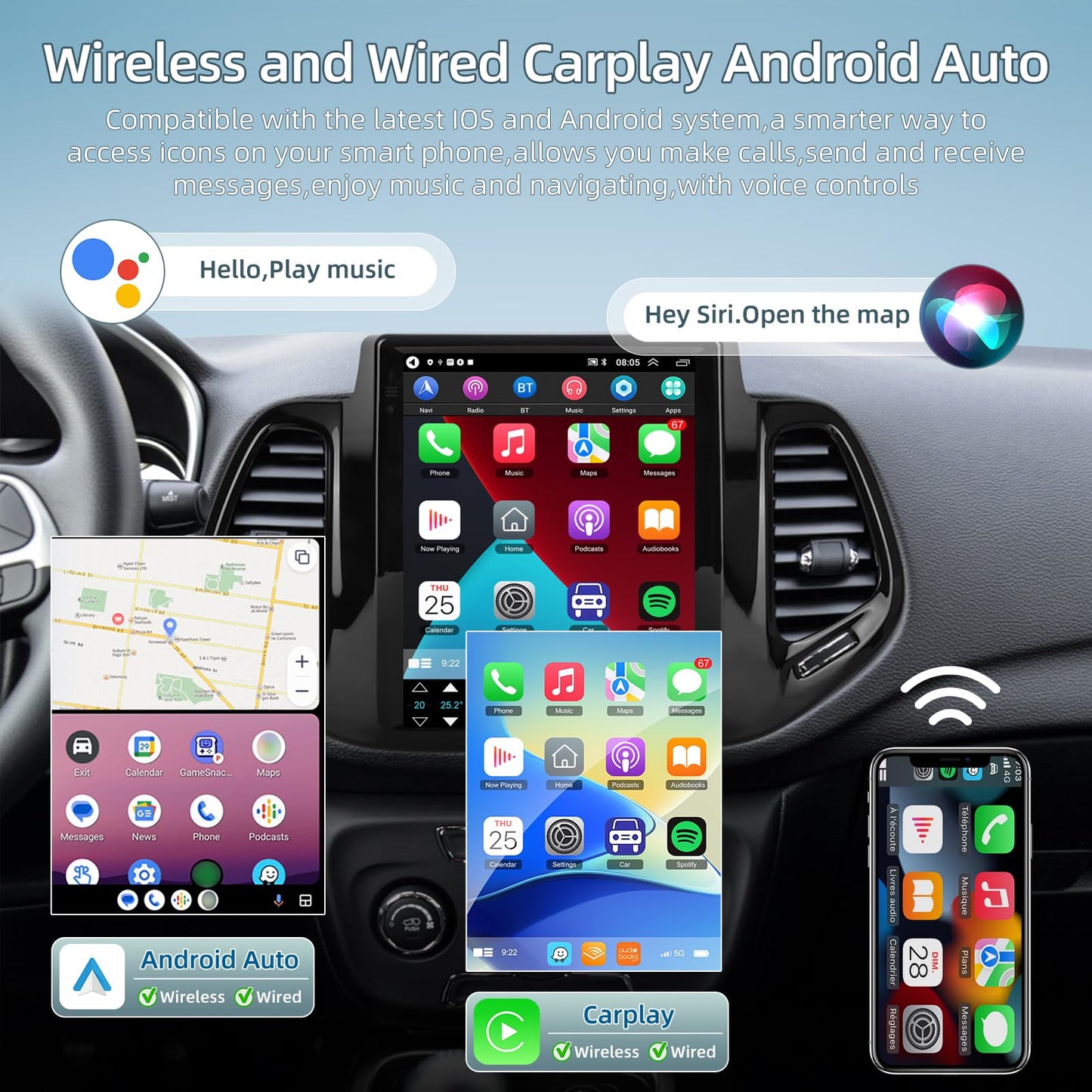 9.7 Inch Car Stereo for Jeep Compass 2017 2018 2019, 2+64G Android Touchscreen Radio with Wireless Carplay & Android Auto/WiFi/HiFi/GPS Navigation/Mirror Link/SWC, AHD Backup Camera