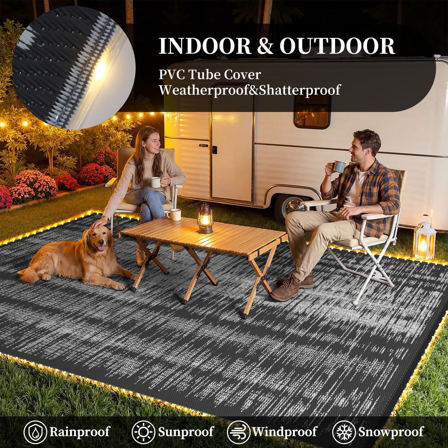 MontVoo Outdoor Rug Waterproof 9x12 ft with Strip Lights Outdoor Patio Rug Mat Reversible Plastic Straw Rug Outside Outdoor Rug for RV Camping Picnic Balcony Backyard